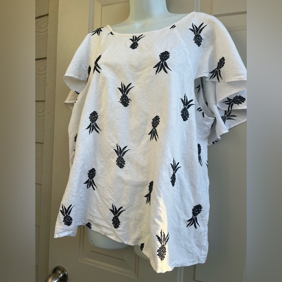 Ann Taylor White Flutter Sleeve Black Embroidered Blouse Linen Blend Size XXL - Picture 10 of 11